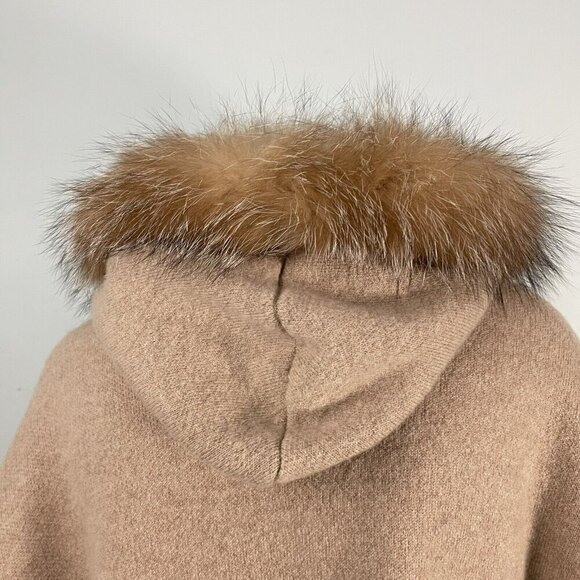 Mitchie's 100%Wool Hooded Poncho Cape Fox Fur Trim Beige Tan Coat - Picture 12 of 16